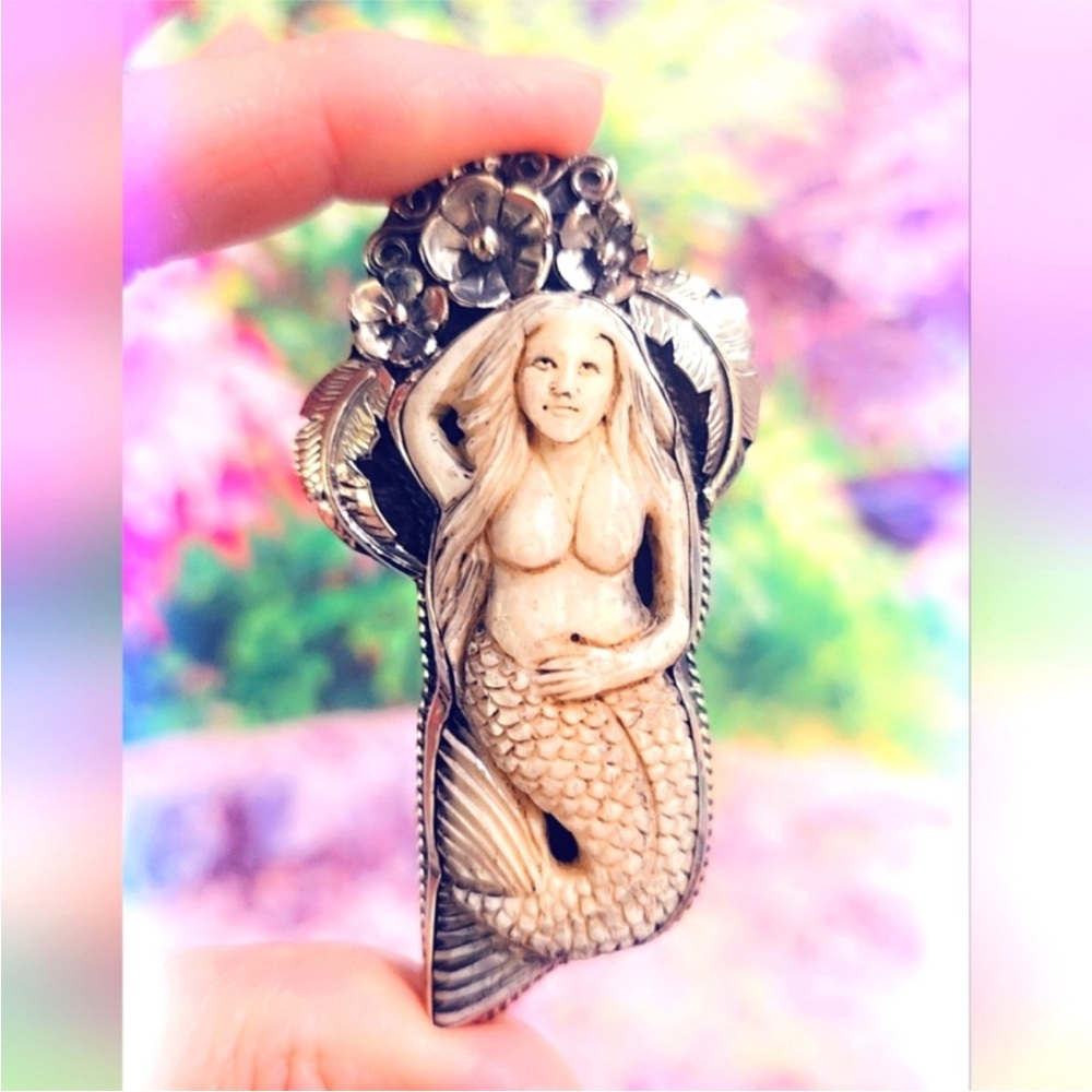 NEW - Mermaid 🧜♀️ Carved XL Buffalo Bone Handcrafted Tibetan Pendant